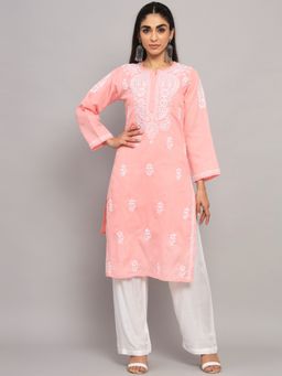 PARAMOUNT CHIKAN - Women's Peach Hand Embroidered Chikankari Cotton Straight Kurta