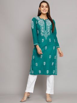 PARAMOUNT CHIKAN - Women's Green Hand Embroidered Chikankari Cotton Straight Kurta