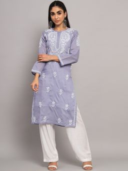 PARAMOUNT CHIKAN - Women's Grey Hand Embroidered Chikankari Cotton Straight Kurta