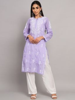PARAMOUNT CHIKAN - Women's Lavender Hand Embroidered Chikankari Cotton Straight Kurta