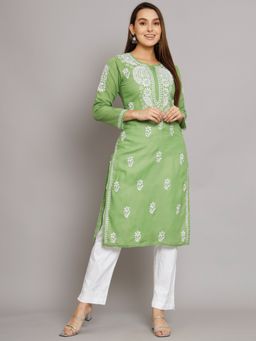 PARAMOUNT CHIKAN - Women's Green Hand Embroidered Chikankari Cotton Straight Kurta