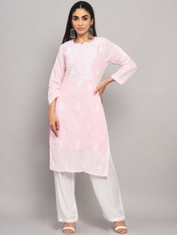 PARAMOUNT CHIKAN - Women's Pink Hand Embroidered Chikankari Cotton Straight Kurta