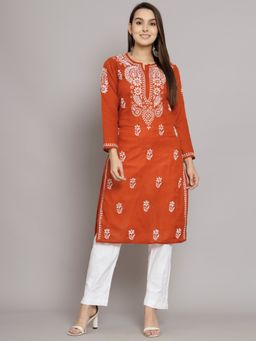 PARAMOUNT CHIKAN - Women's Rust Hand Embroidered Chikankari Cotton Straight Kurta