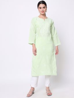PARAMOUNT CHIKAN - Women's Green Hand Embroidered Chikankari Cotton Straight Kurta