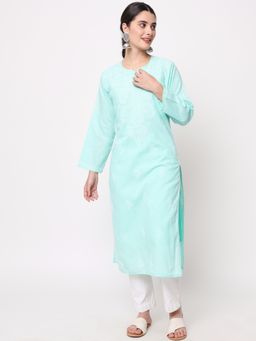 PARAMOUNT CHIKAN - Women's Green Hand Embroidered Chikankari Cotton Straight Kurta