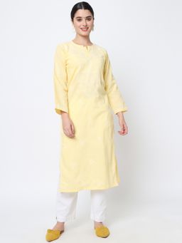 PARAMOUNT CHIKAN - Women's Yellow Hand Embroidered Chikankari Cotton Straight Kurta
