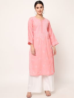 PARAMOUNT CHIKAN - Women's Pink Hand Embroidered Chikankari Cotton Straight Kurta