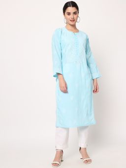 PARAMOUNT CHIKAN - Women's Blue Hand Embroidered Chikankari Cotton Straight Kurta