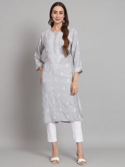 PARAMOUNT CHIKAN - Women's Grey Hand Embroidered Chikankari Cotton Straight Kurta