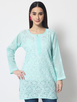 PARAMOUNT CHIKAN - Women's Green Hand Embroidered Lucknowi Chikankari Cotton Tunic