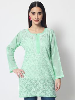PARAMOUNT CHIKAN - Women's Green Hand Embroidered Lucknowi Chikankari Cotton Tunic