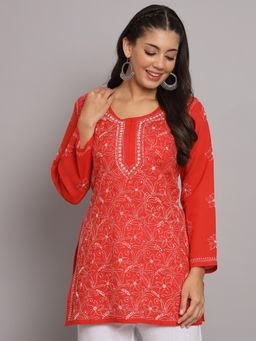 PARAMOUNT CHIKAN - Women's Red Hand Embroidered Lucknowi Chikankari Cotton Tunic