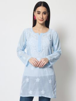 PARAMOUNT CHIKAN - Women's Blue Hand Embroidered Lucknowi Chikankari Cotton Tunic