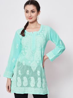 PARAMOUNT CHIKAN - Women's Green Hand Embroidered Lucknowi Chikankari Cotton Tunic