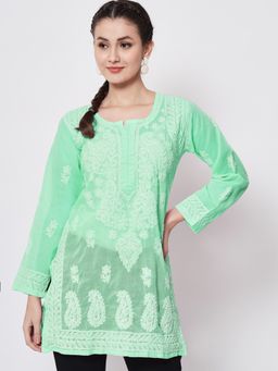 PARAMOUNT CHIKAN - Women's Green Hand Embroidered Lucknowi Chikankari Cotton Tunic