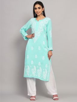 PARAMOUNT CHIKAN - Women's Green Hand Embroidered Chikankari Cotton Straight Kurta