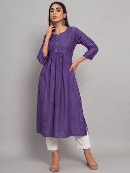 PARAMOUNT CHIKAN - Women's Purple Hand Embroidered Chikankari Chanderi Straight Kurta