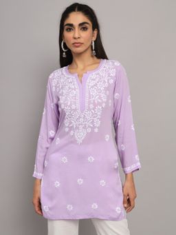PARAMOUNT CHIKAN - Women's Lavender Hand Embroidered Chikankari Modal Tunic