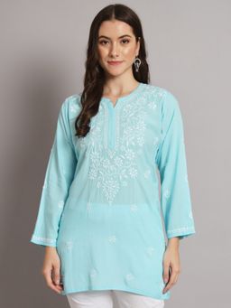 PARAMOUNT CHIKAN - Women's Blue Ethnic Motifs Hand Embroidered Chikankari Modal Tunic