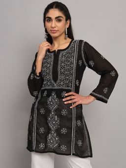 PARAMOUNT CHIKAN - Women's Black Ethnic Motifs Hand Embroidered Chikankari Cotton Tunic