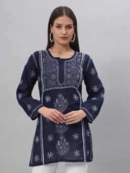PARAMOUNT CHIKAN - Women's Navy Blue Hand Embroidered Lucknowi Chikankari Cotton Tunic