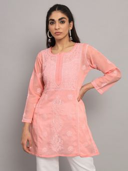 PARAMOUNT CHIKAN - Women's Peach Hand Embroidered Lucknowi Chikankari Cotton Tunic