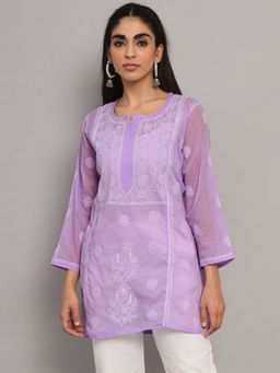 PARAMOUNT CHIKAN - Women's Purple Hand Embroidered Lucknowi Chikankari Cotton Tunic
