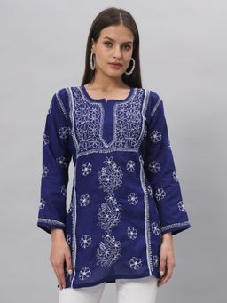 PARAMOUNT CHIKAN - Women's Blue Hand Embroidered Lucknowi Chikankari Cotton Tunic