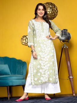 PARAMOUNT CHIKAN - Women's Green Hand Embroidered Chikankari Cotton Straight Kurta