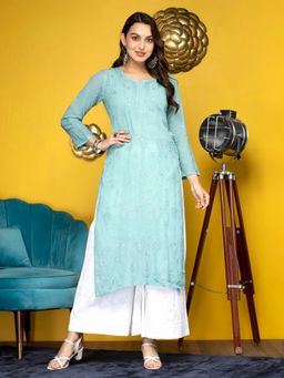 PARAMOUNT CHIKAN - Women's Green Hand Embroidered Chikankari Viscose Georgette Kurta