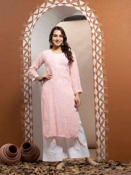 PARAMOUNT CHIKAN - Women's Peach Hand Embroidered Chikankari Viscose Georgette Kurta
