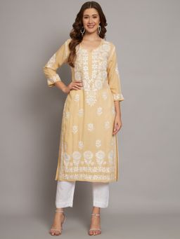 PARAMOUNT CHIKAN - Women's Beige Hand Embroidered Chikankari Cotton Straight Kurta
