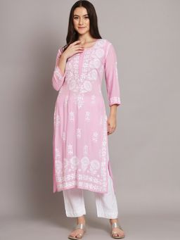 PARAMOUNT CHIKAN - Women's Pink Hand Embroidered Chikankari Cotton Straight Kurta