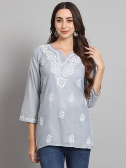 PARAMOUNT CHIKAN - Women's Grey Ethnic Motifs Hand Embroidered Chikankari Cotton Tunic