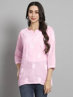 PARAMOUNT CHIKAN - Women's Pink Ethnic Motifs Hand Embroidered Chikankari Cotton Tunic