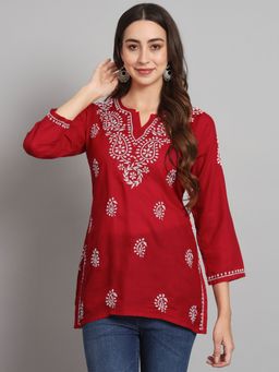 PARAMOUNT CHIKAN - Women's Red Ethnic Motifs Hand Embroidered Chikankari Cotton Tunic