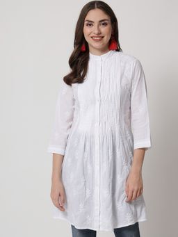 PARAMOUNT CHIKAN - Women's White Hand Embroidered Cotton Chikankari Sustainable Tunic
