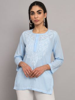 PARAMOUNT CHIKAN - Women's Blue Hand Embroidered Chikankari Cotton Straight Short Tunic