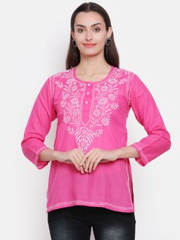 PARAMOUNT CHIKAN - Women's Pink Hand Embroidered Chikankari Cotton Straight Short Tunic