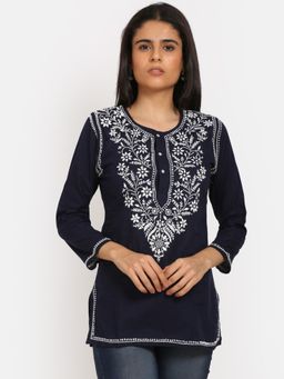PARAMOUNT CHIKAN - Women's Navy Blue Hand Embroidered Chikankari Cotton Short Tunic