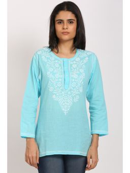 PARAMOUNT CHIKAN - Women's Blue Hand Embroidered Chikankari Cotton Straight Short Tunic