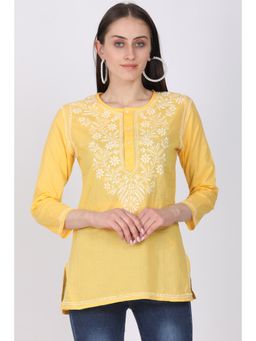 PARAMOUNT CHIKAN - Women's Yellow Hand Embroidered Chikankari Cotton Short Tunic