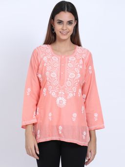 PARAMOUNT CHIKAN - Women's Peach Hand Embroidered Chikankari Cotton Short Tunic