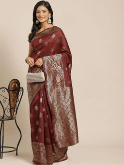Odette - Maroon Elegant Silk Blend Woven Saree with Unstitched Blouse