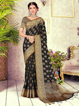 Odette - Black Chanderi Cotton Heavily Woven Saree with Unstitched Blouse