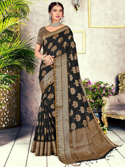 Odette - Black Chanderi Cotton Heavily Woven Saree with Unstitched Blouse