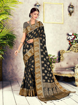 Odette - Black Chanderi Cotton Heavily Woven Saree with Unstitched Blouse