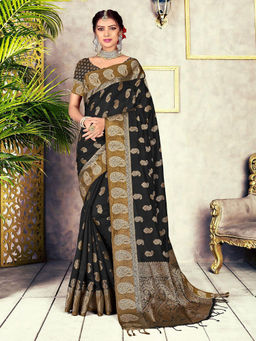 Odette - Black Chanderi Cotton Heavily Woven Saree with Unstitched Blouse