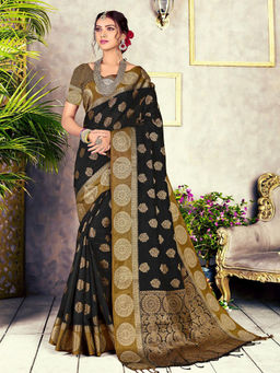 Odette - Black Chanderi Cotton Heavily Woven Saree with Unstitched Blouse