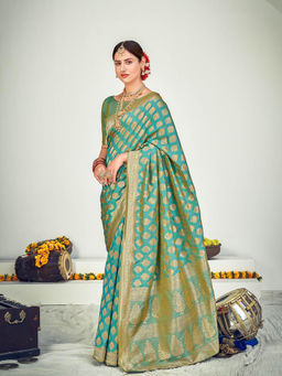 Odette - Traditional Firozi Banarasi Silk Saree with Unstitched Blouse